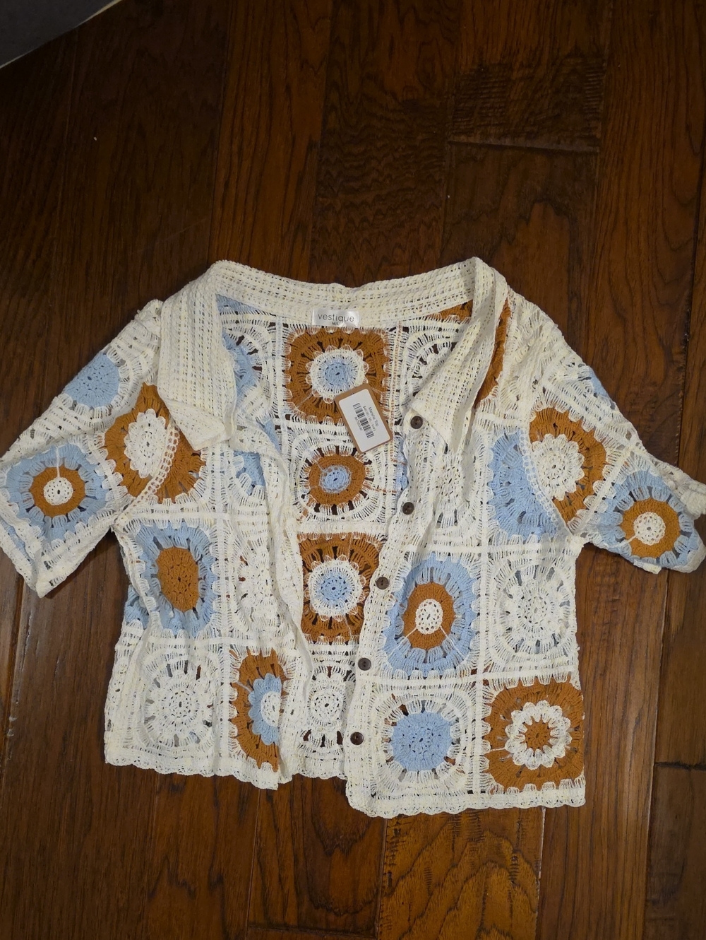 vestique Crochet Button-Up Cardigan - Cream, Light Blue & Mustard